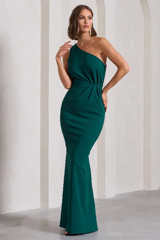 Michelle | Bottle Green One-Shoulder Gathered Maxi Dress Elegant Maxi Dress with Lace Michelle | Bottle Green One-Shoulder Gathered Maxi Dress Elegant Maxi Dress with Lace