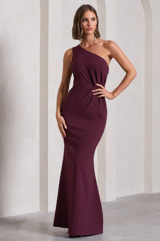 Michelle | Burgundy One-Shoulder Gathered Maxi Dress Fashionable Off-Shoulder Maxi Dress Michelle | Burgundy One-Shoulder Gathered Maxi Dress Fashionable Off-Shoulder Maxi Dress