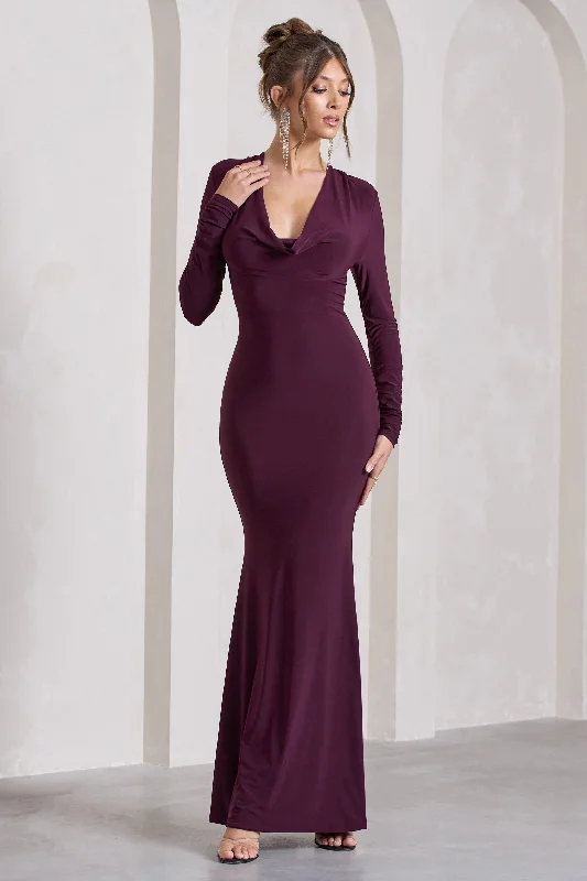 My Attention | Plum Plunge Cowl-Neck Long-Sleeve Maxi Dress Comfortable Fit-and-Flare Maxi Dress My Attention | Plum Plunge Cowl-Neck Long-Sleeve Maxi Dress Comfortable Fit-and-Flare Maxi Dress