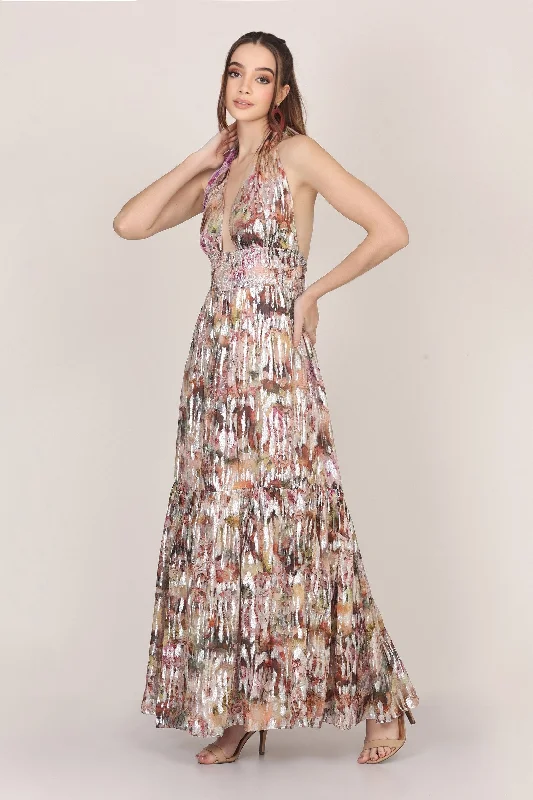 Noorex Metallic Printed Maxi Dress Fashionable Printed Maxi Dress