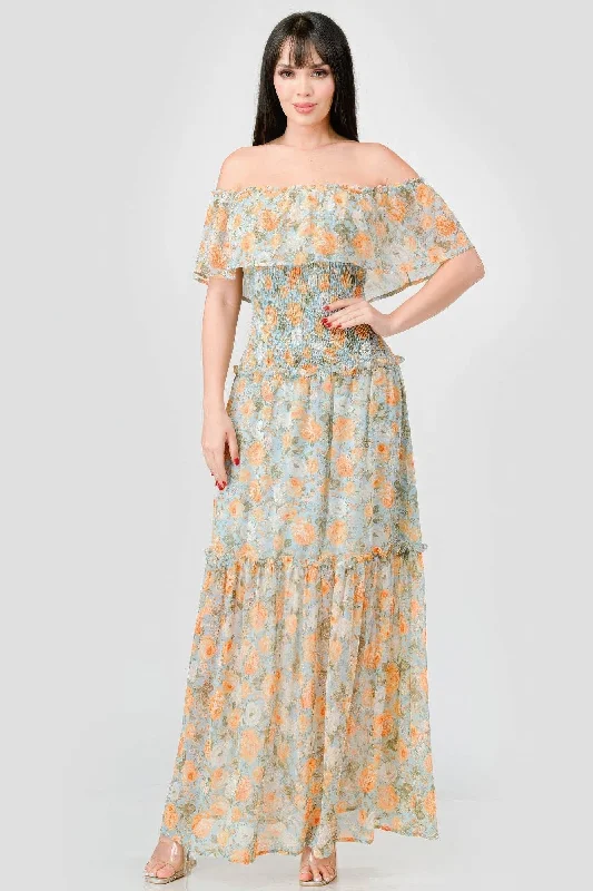 Off Shoulder Floral Maxi Dress for Women in Chiffon with Ruffles Elegant Floral Maxi Dress