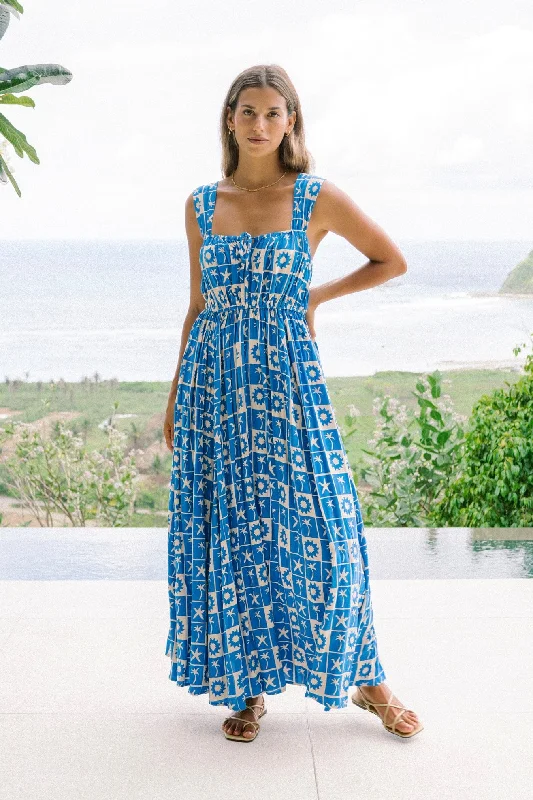 Oliana Blue Tropical Tile Flared Maxi Dress Casual Maxi Dress with Pockets