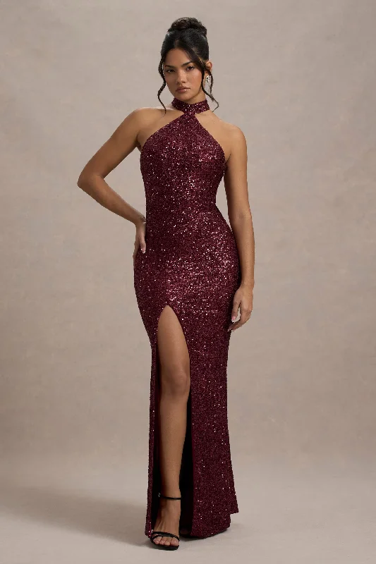 On The Rise | Berry Sequin High-Neck Strappy-Back Split Maxi Dress Elegant Floral Maxi Dress On The Rise | Berry Sequin High-Neck Strappy-Back Split Maxi Dress Elegant Floral Maxi Dress