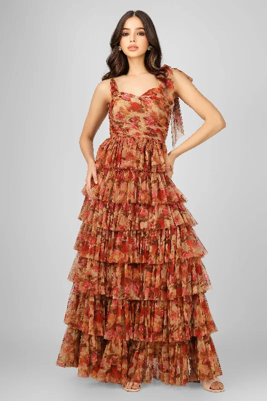 Ophelia Floral Printed Maxi Dress with Tie Detail Cozy Knitted Maxi Dress