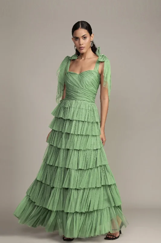 Ophelia Olive Green Maxi Dress with Tie Detail Fashionable High-Low Maxi Dress