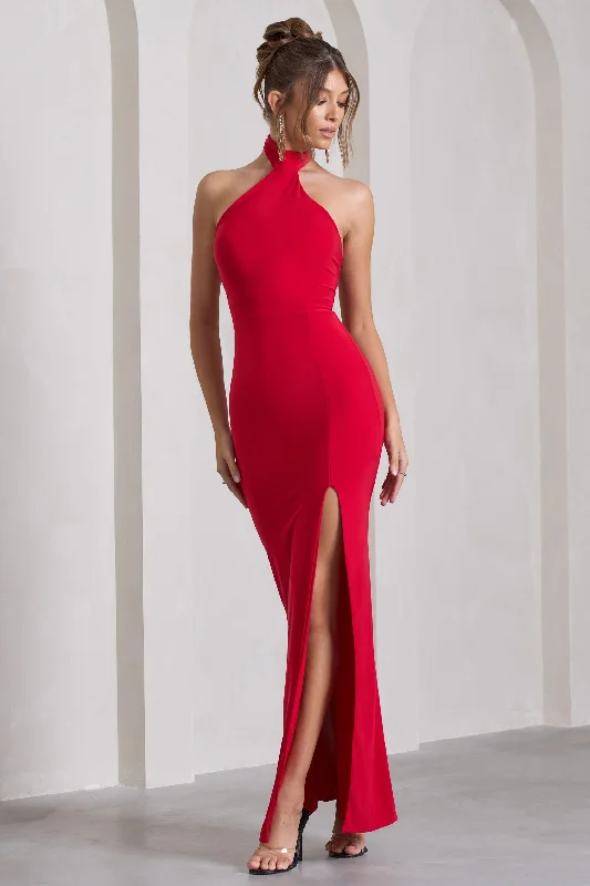 Pamela | Red Halter-Neck Sleeveless Split Maxi Dress Chic Off-Shoulder Maxi Dress