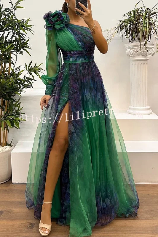 Guest List Tulle Printed Flower Pendant One Shoulder Pleated Slit Maxi Dress Cozy Cold-Shoulder Maxi Dress
