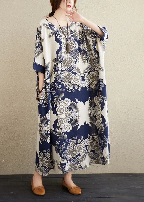 Plus Size Navy O-Neck Print Cotton Maxi Dresses Caftan Short Sleeve Elegant Maxi Dress with Pockets