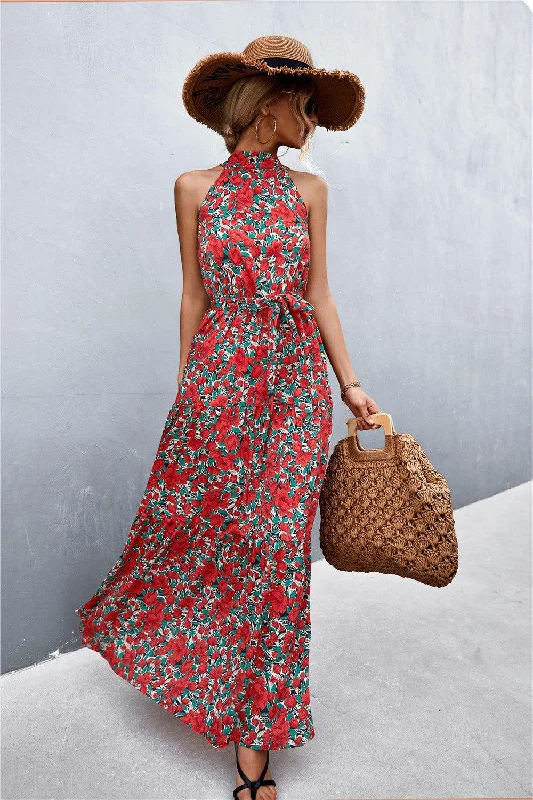Hazel Blues® | Printed Sleeveless Tie Waist Maxi Dress Cozy Open-Back Maxi Dress