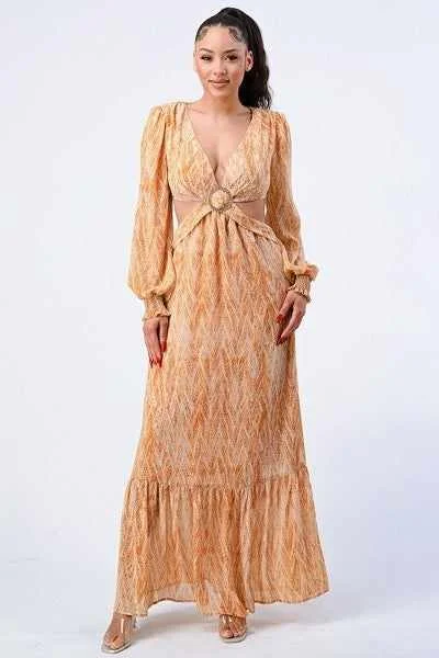 Printed V Neck Self Belted Side Cut Out Ruffled Maxi Dress Comfortable Long-Sleeve Maxi Dress