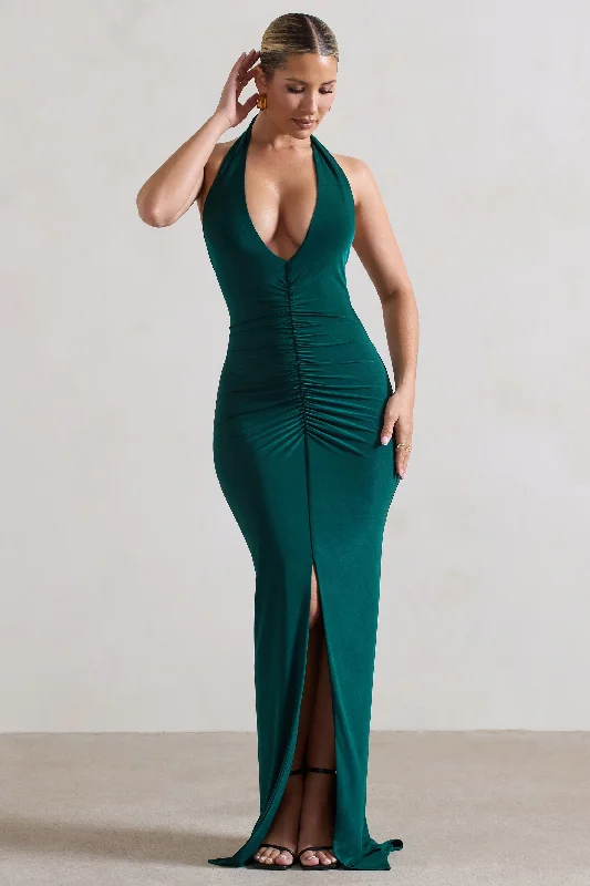Rachel | Bottle Green Ruched Halter-Neck Split Maxi Dress Cozy Ribbed Maxi Dress