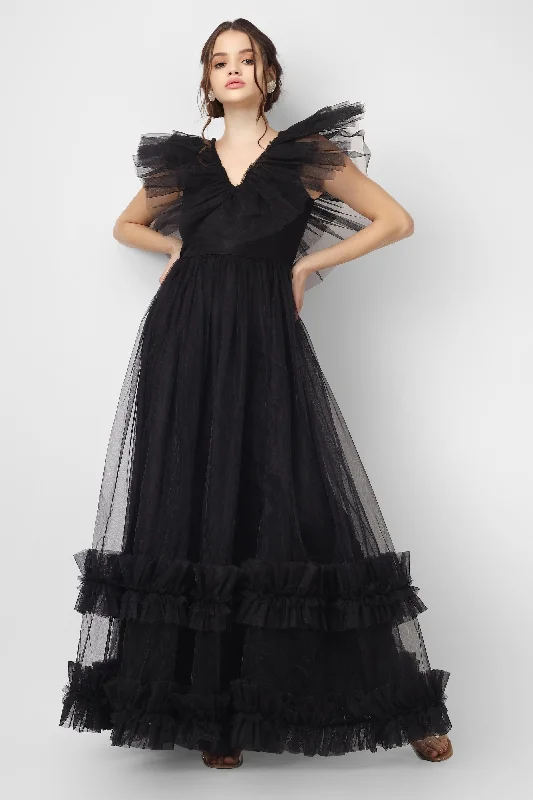 Reina Black Tulle Maxi Dress Trendy Floral Print Maxi Dress