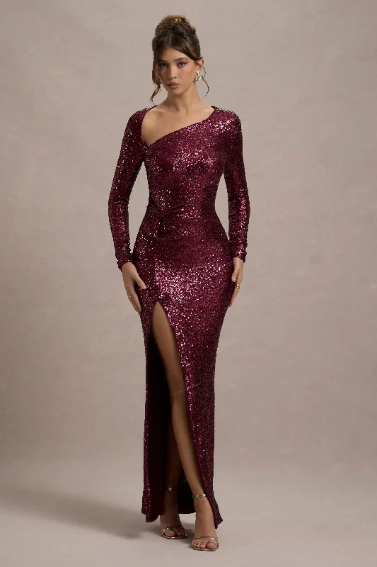 Remarkable | Burgundy Sequin Long-Sleeved Twisted Maxi Dress Elegant Maxi Dress with Ruffles Remarkable | Burgundy Sequin Long-Sleeved Twisted Maxi Dress Elegant Maxi Dress with Ruffles