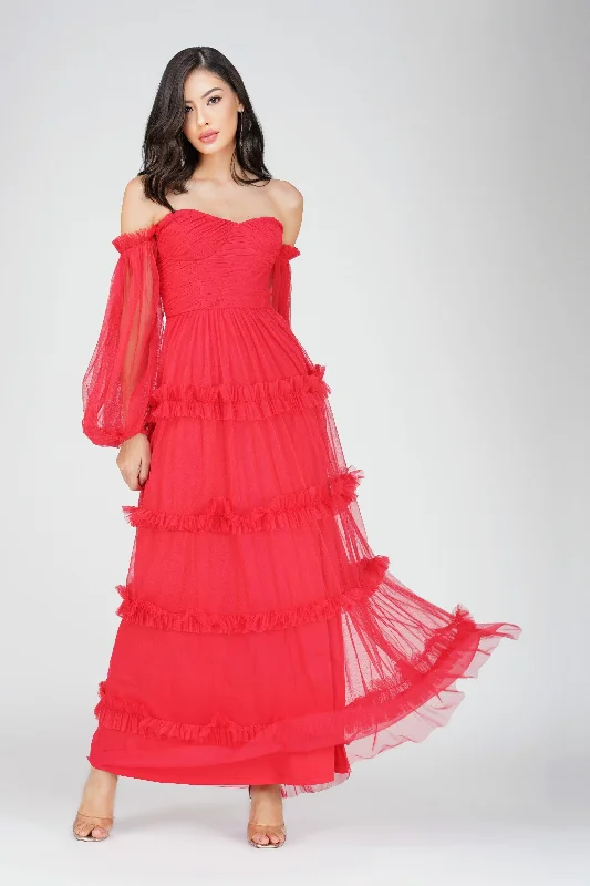 Rendi Red Tulle Maxi Dress Fashionable Maxi Dress with Fringe