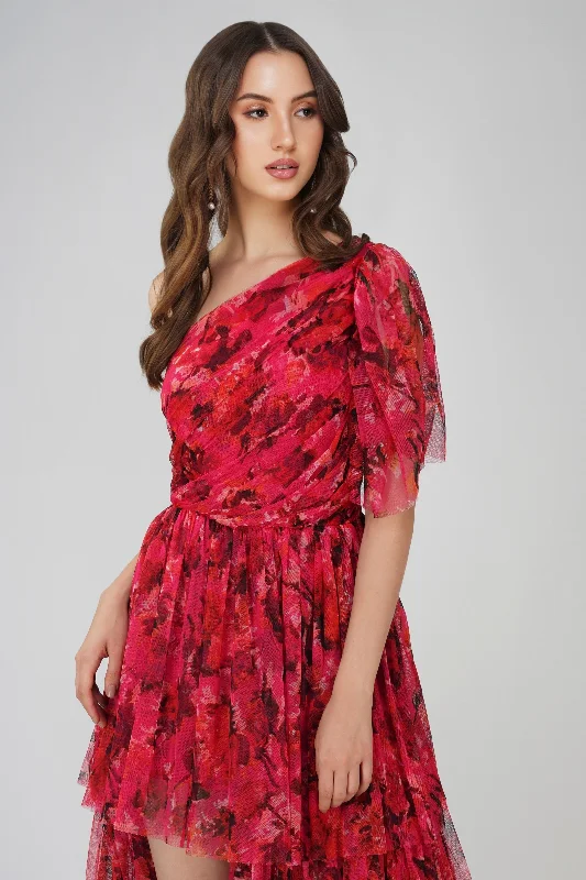 Rowena Red Pink Printed One Shoulder Maxi Dress Stylish A-Line Maxi Dress