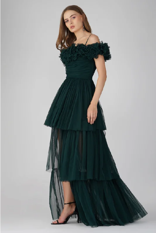 Sandy Tulle Maxi Dress in Emerald Green Comfortable Maxi Dress with Slits