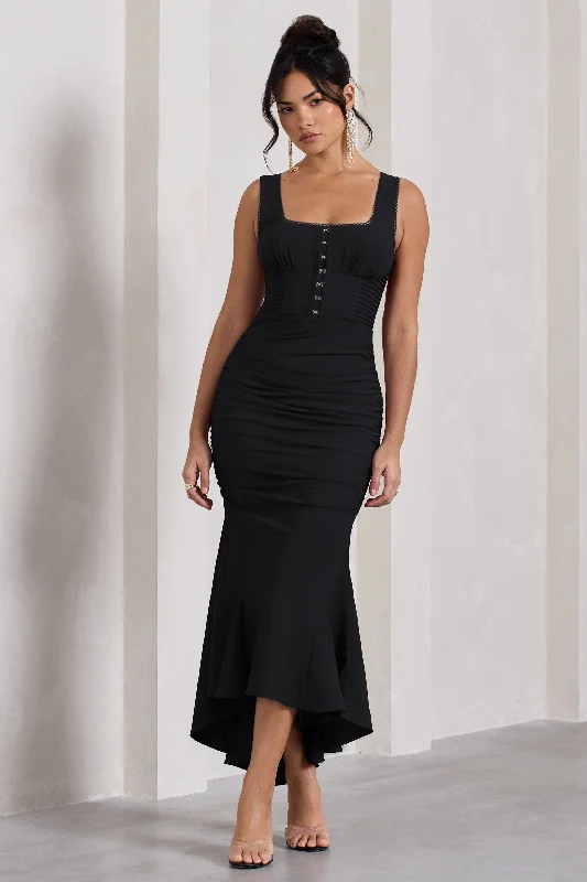 Savannah | Black Square-Neck Corset Fishtail Maxi Dress Chic Boho Print Maxi Dress