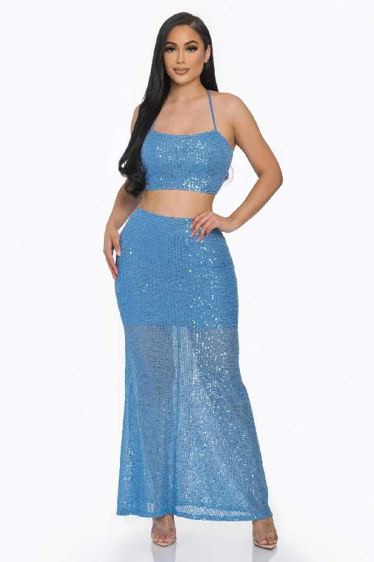 Sexy Back Baby Blue Sequin Maxi Dress Elegant Silk Maxi Dress