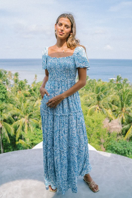Skyra Blue Boho Tiered Maxi Dress Stylish Maxi Dress with Pleats