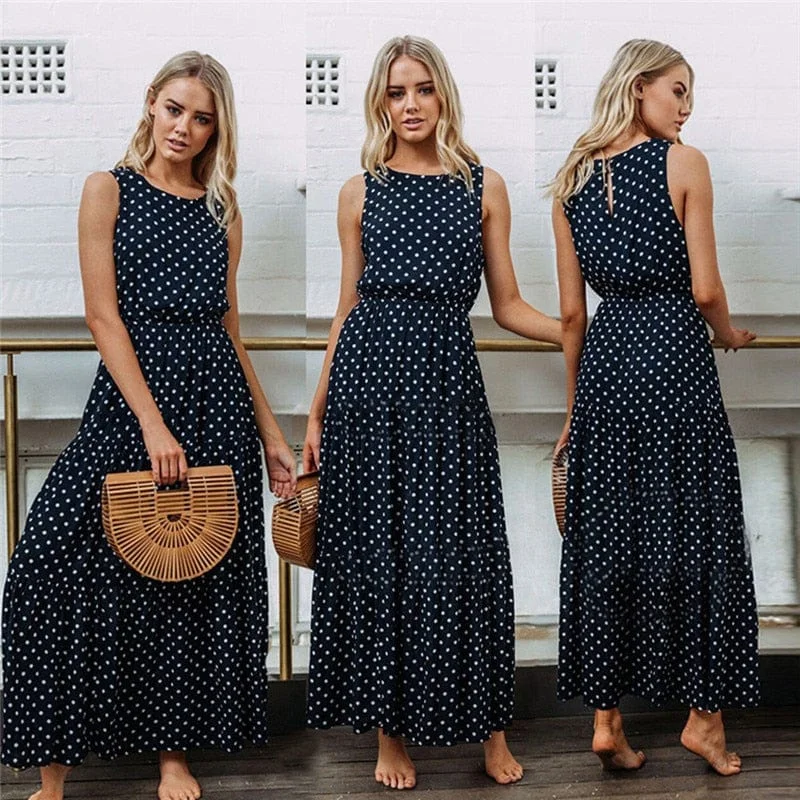 Sleeveless Dot Print Long Maxi Dress Stylish Pleated A-Line Maxi Dress