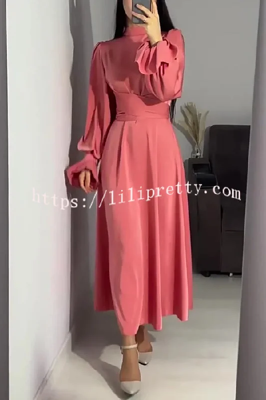 Solid Color Ruffled Sleeves Waisted Tie Slim Fit Maxi Dress Trendy Off-Shoulder Ruffle Maxi Dress Solid Color Ruffled Sleeves Waisted Tie Slim Fit Maxi Dress Trendy Off-Shoulder Ruffle Maxi Dress
