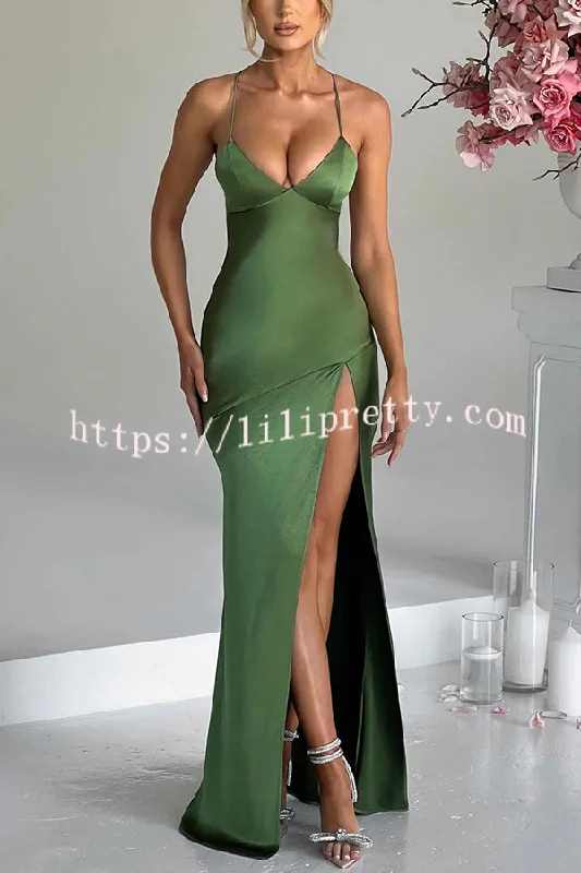 Satin Solid Color Sexy Backless Lace Up High Slit Maxi Dress Chic Summer Maxi Dress