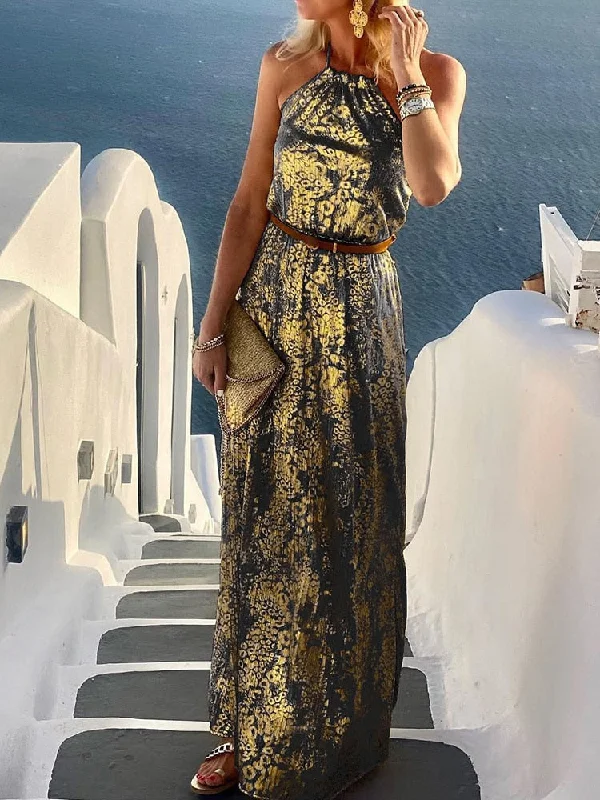 Spring Summer Neck-Mounted Maxi Dress Chic Lady Sleeveless Patchwork Print Dress Women Backless Halter Party Beach Dress Vestido Stylish One-Shoulder Maxi Dress