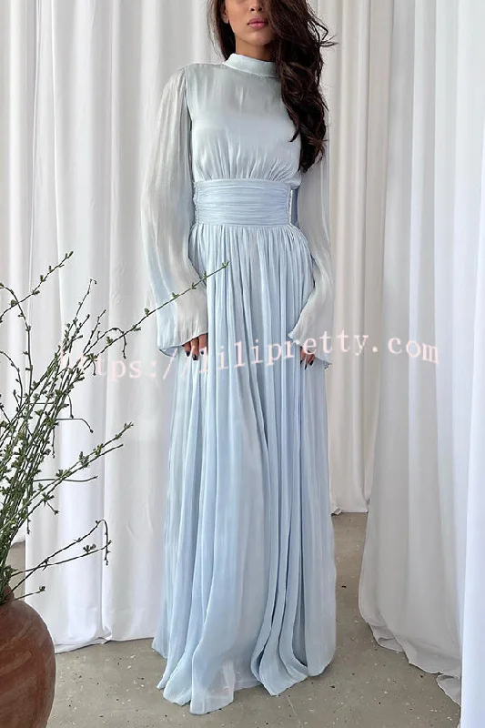 Stylish and Elegant Waist-tie Back Pleated Maxi Dress Comfortable Maxi Dress with Sleeves Stylish and Elegant Waist-tie Back Pleated Maxi Dress Comfortable Maxi Dress with Sleeves