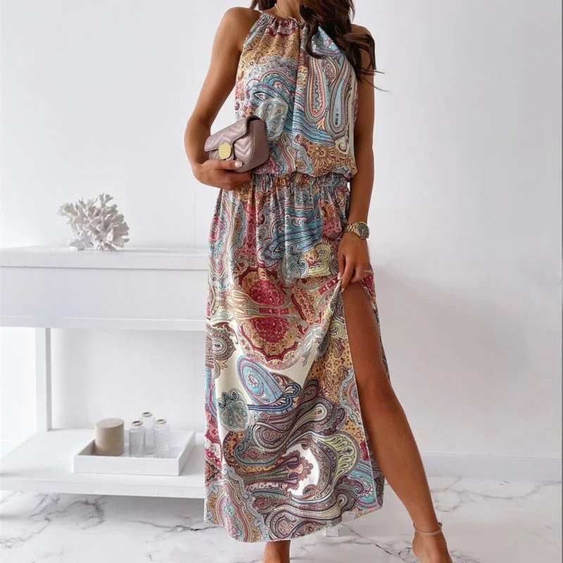 Summer Sleeveless Long Dress Women Printed Halter Neck Dress Sexy Boho Waist Slit Maxi Dress Female Casual Beach Sundress Elegant Maxi Dress with Lace