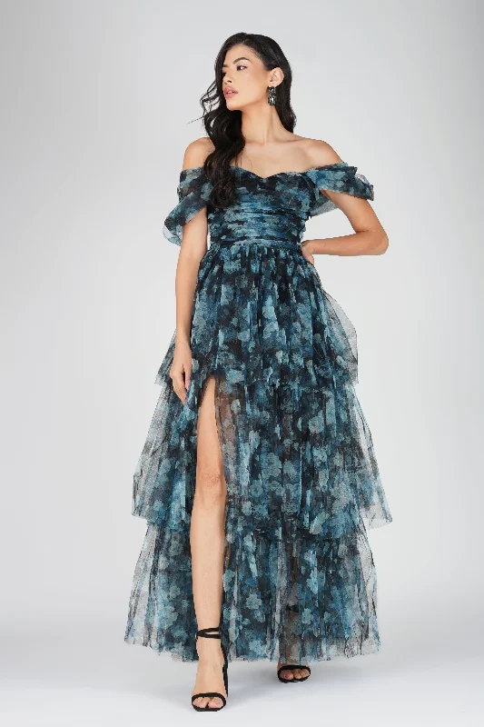 Sydney Tulle Maxi Dress in Blue Floral Trendy Floral Print Maxi Dress