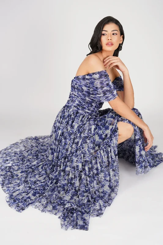 Sydney Tulle Maxi Dress in Blue Leaf Print Elegant Boho Maxi Dress