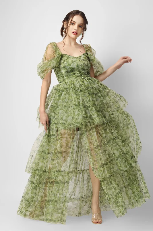 Sydney Tulle Maxi Dress in Green Print Stylish Boho Chic Maxi Dress