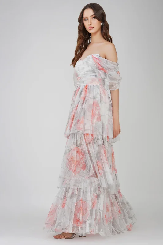 Sydney Tulle Maxi Dress in Peach Floral Trendy A-Line Maxi Dress