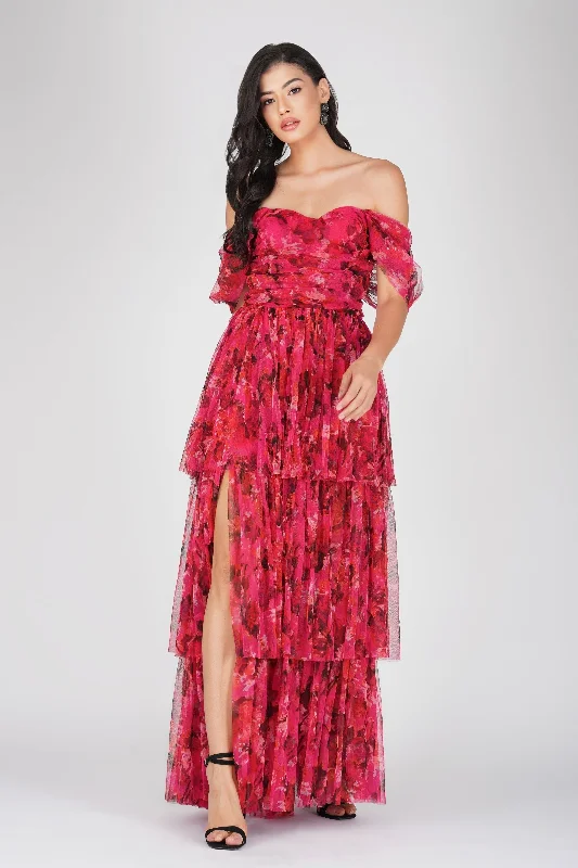 Sydney Tulle Maxi Dress in Red Pink Print Comfortable Fitted Maxi Dress