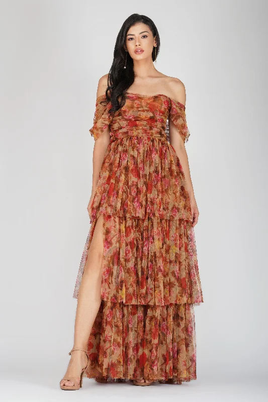 Sydney Tulle Maxi Dress in Brown Rose Floral Elegant Lace-Up Maxi Dress