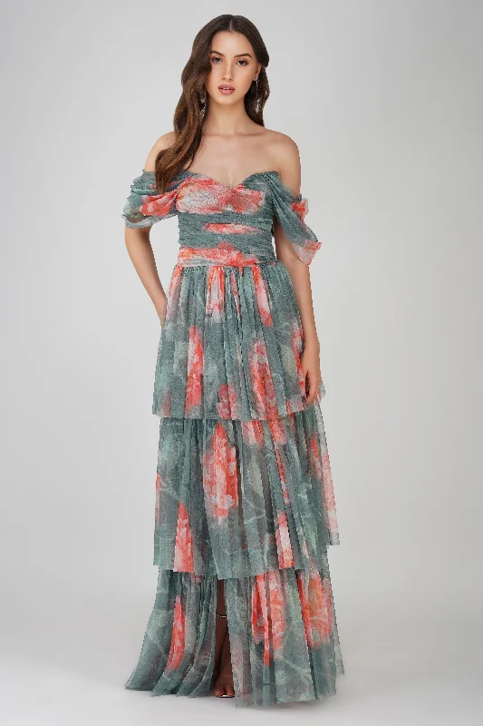 Sydney Tulle Maxi Dress in Sage Green Floral Fashionable High-Low Maxi Dress