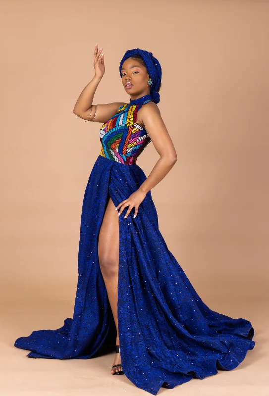 Temi Ankara Deep-slit Maxi Dress | Blue African Print Stylish Maxi Dress with Frills