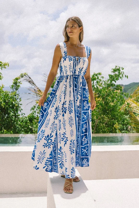 Thalyssa Blue Abstract Flared Maxi Dress Trendy Short Sleeve Maxi Dress