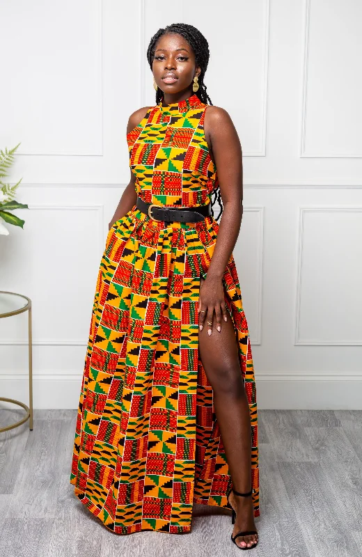 Traditional Kente Sleeveless Turtleneck Maxi Dress for Women - KENYA Cozy Ribbed Maxi Dress Traditional Kente Sleeveless Turtleneck Maxi Dress for Women - KENYA Cozy Ribbed Maxi Dress