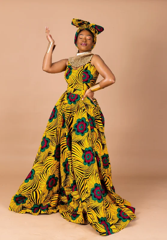 Tutu Ankara Maxi Dress | Yellow and Green African Print Trendy Fit-and-Flare Maxi Dress