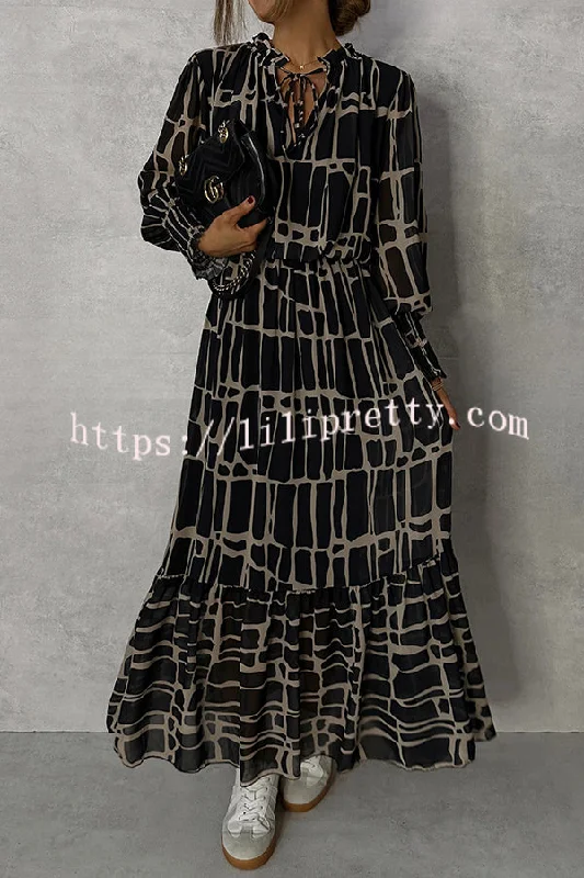 Unique Printed V-neck Tie-up Waist Long-sleeve Maxi Dress Cozy Maxi Dress with Slit