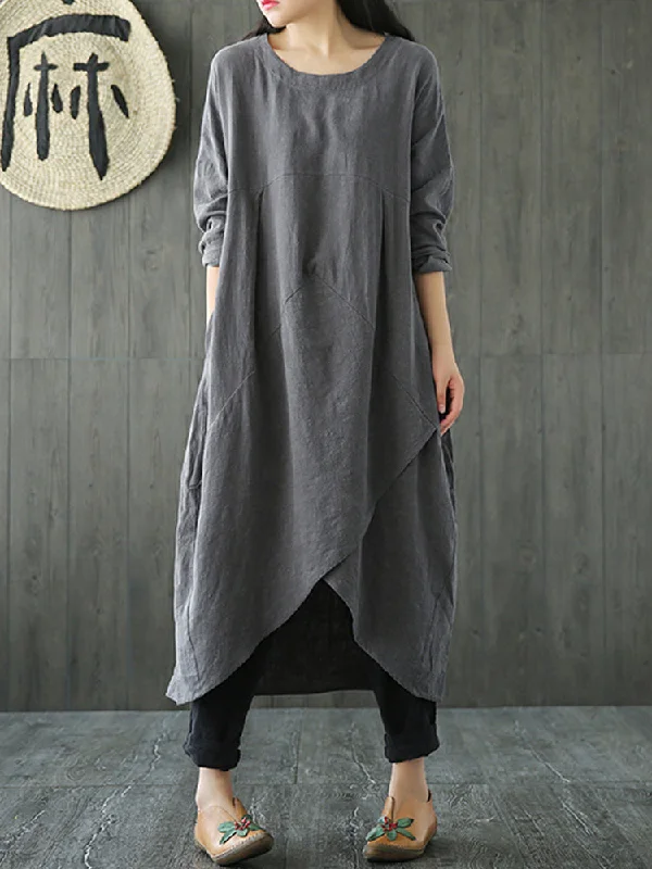 Vintage Women Pocket Solid Color Irregular Maxi Dress Comfortable Maxi Dress with Sleeves
