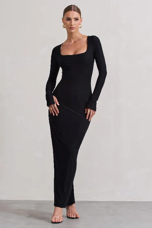 Viva | Black Square-Neck Long-Sleeve Maxi Dress Stylish Boho Maxi Dress