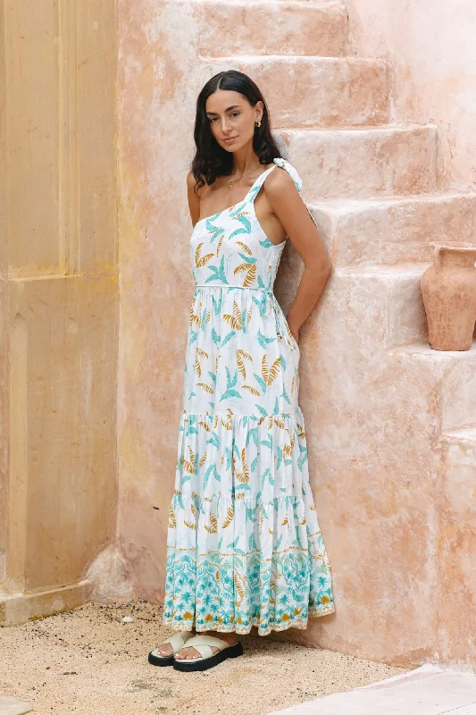 Wisteria Blue Tropical Boho One Shoulder Tie Maxi Dress Fashionable Sleeveless Maxi Dress