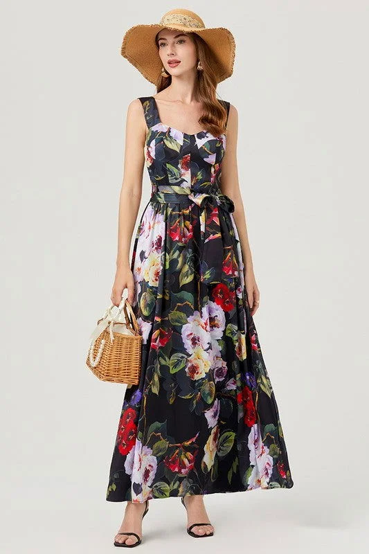 Women Black Floral Fashion Long Maxi Dress Chic Off-Shoulder Maxi Dress