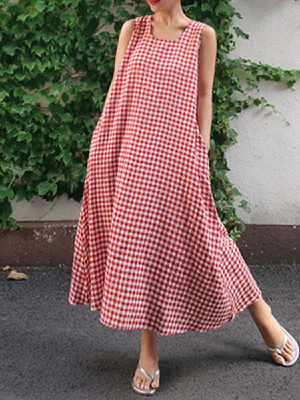 Women Casual Sleeveless Plaid Side Pocket Loose Maxi Dress Elegant Wraparound Maxi Dress Women Casual Sleeveless Plaid Side Pocket Loose Maxi Dress Elegant Wraparound Maxi Dress