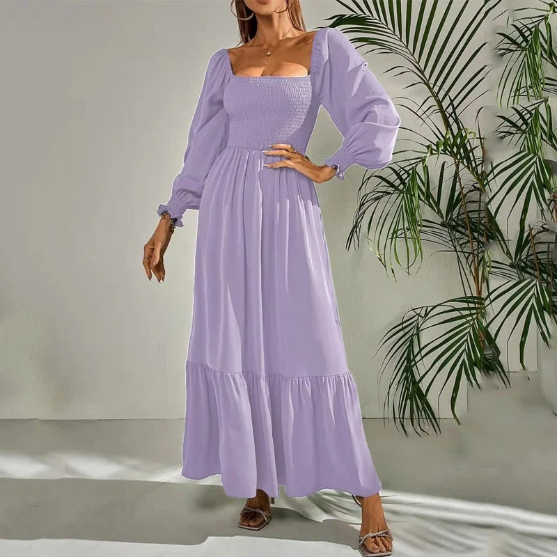 Women Maxi Dress Fashion Square Neck Long Flare Sleeve Nipped Waist Slim Ruffle Party Evening Dresses High Streetwear Fashionable Chiffon Maxi Dress