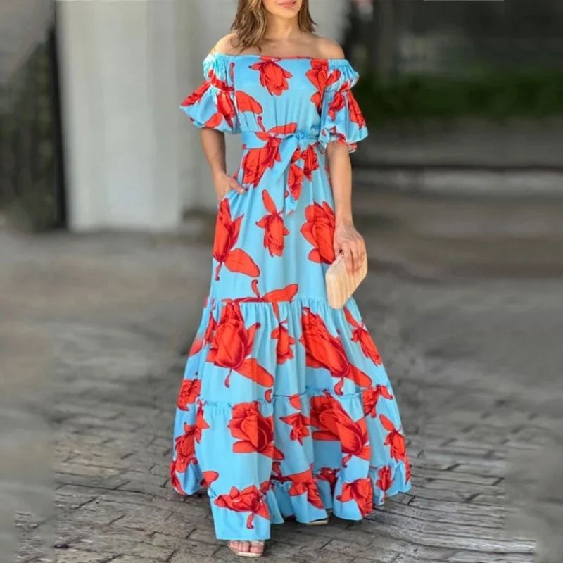 Women Maxi Dress Summer Fashion Print Short Puff Sleeve One Shoulder Lace Up Slim Nipped Waist Holiday Long Dresses Fashionable Off-Shoulder Maxi Dress
