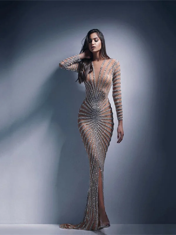 Women Mesh Sequins Maxi Dress Female Sexy V Neck Long Sleeve Split Fishtail Dresses Summer LadIES Party Evening Long Dress Gown Cozy Spaghetti Strap Maxi Dress