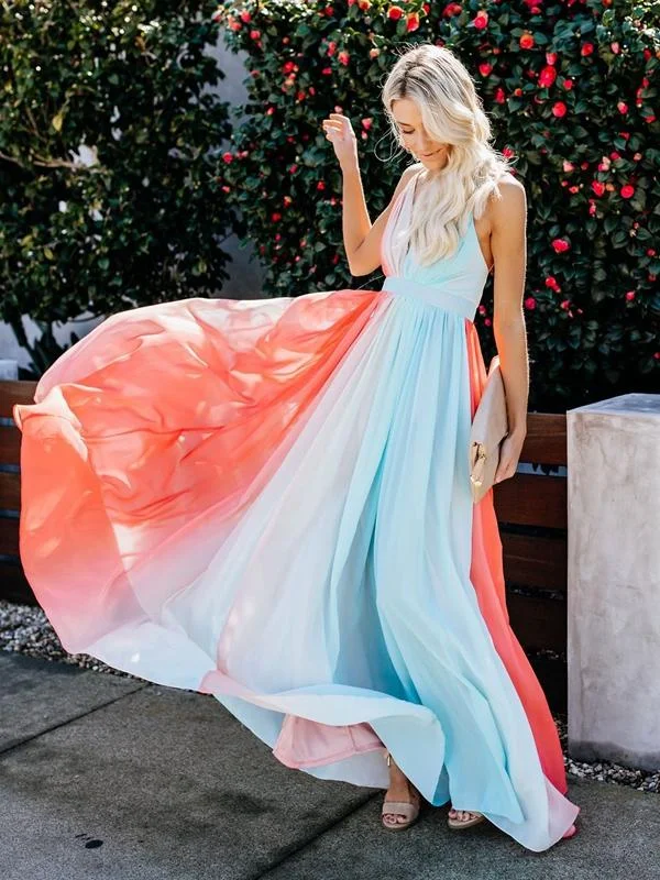 Women New Colorful Sling Print Holiday Evening Dress Maxi Dress Stylish Empire Waist Maxi Dress